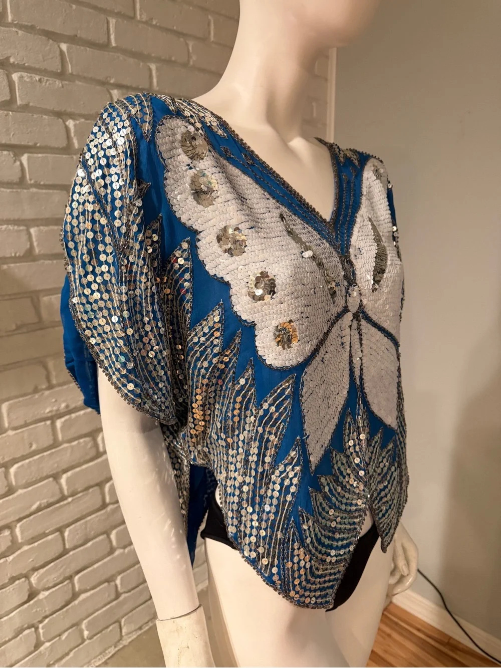 Vintage India Butterfly Sequin Beaded Silk Top Blue Silver Art Deco Oversized